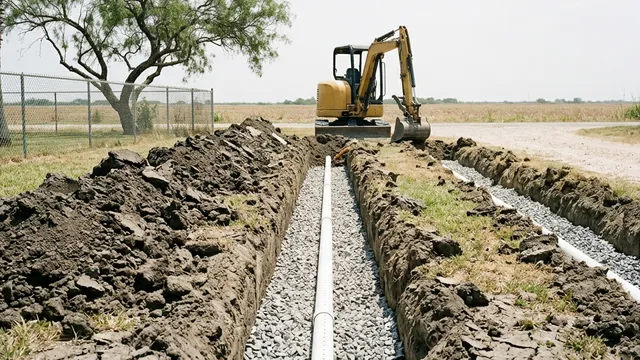 Gravel-bedded drain field trench with white perforated pipe and clay spoil beside a mini excavator in Hidalgo County, Texas