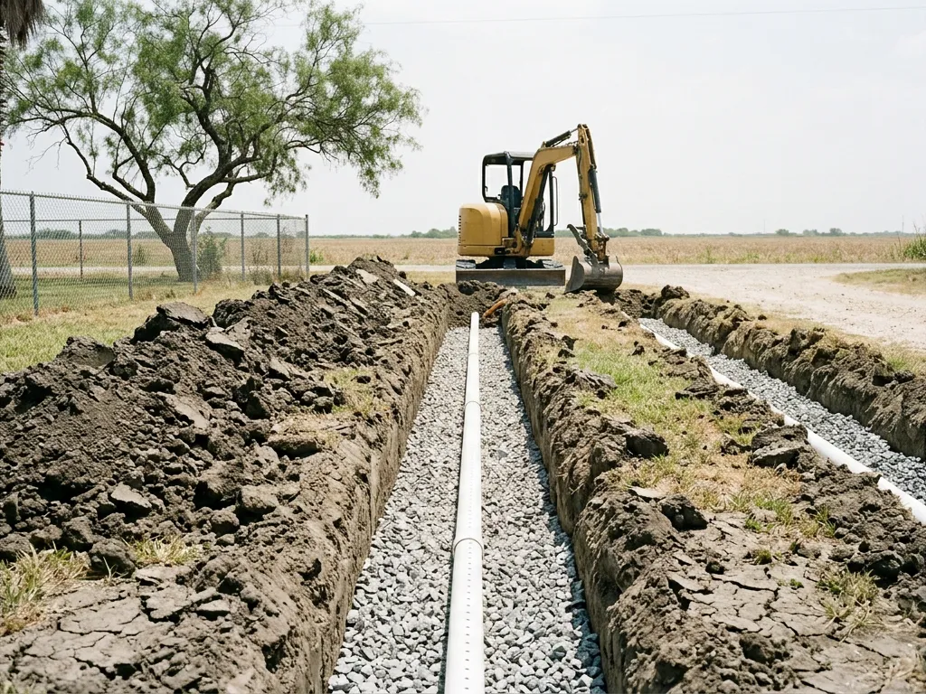 Open drain field trench lined with gravel and white perforated pipe in heavy clay soil behind a home in the Rio Grande Valley, Texas