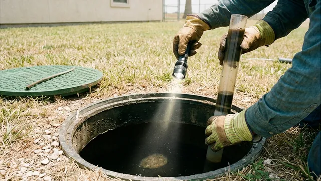 Flashlight shining into an open septic tank beside a sludge-measuring tube and a green lid at a stucco house in McAllen, Texas