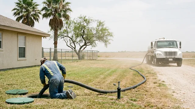 Worker seen from behind guiding a vacuum hose into an open aerobic septic tank, white truck on a caliche drive near McAllen, Texas