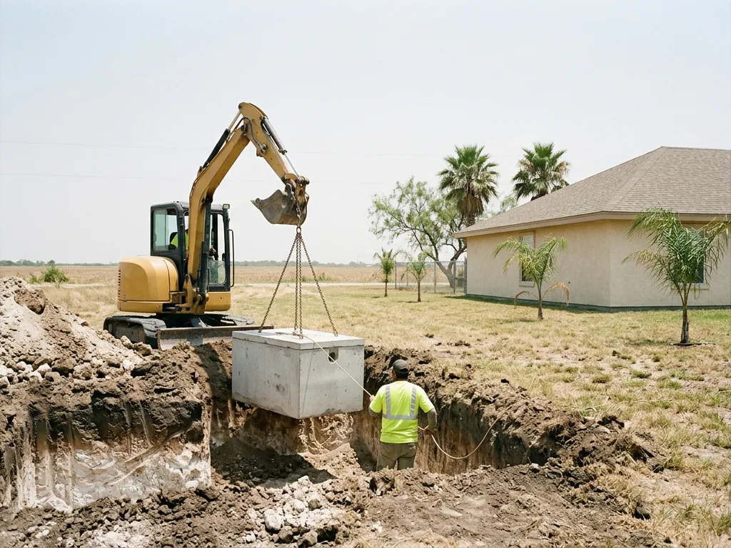 Mini excavator lowering a precast concrete septic tank into a pit cut through a pale caliche layer beside a new stucco home in Hidalgo County, Texas