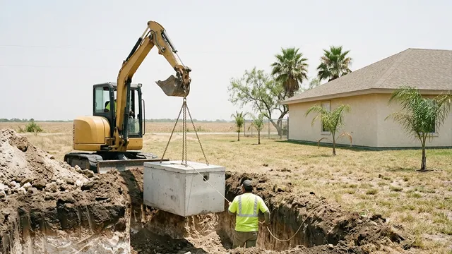Mini excavator lowering a precast septic tank into a pit with a caliche layer beside a new stucco house in Hidalgo County, Texas