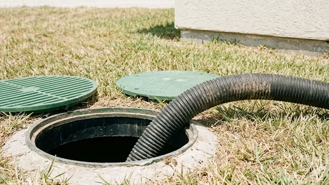 Black vacuum hose in an open concrete-collared septic tank with two green lids beside a stucco wall in McAllen, Texas